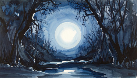 Eerie watercolor painting of a night landscape. A large full moon shines brightly in a dark forest, its light reflecting on a winding path through silhouetted trees.の素材