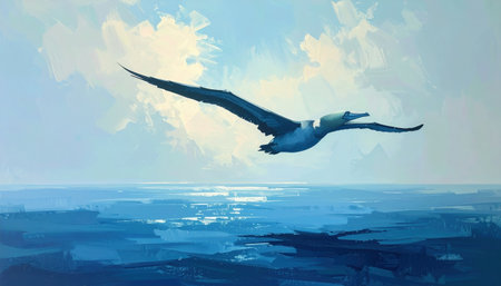 A digital painting of a large seabird with a wide wingspan flying over a calm blue ocean. Sunlight reflects on the water under a partly cloudy sky, creating a peaceful scene.の素材