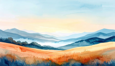 A beautiful watercolor painting depicting a tranquil landscape. Blue mountains recede into a misty valley under a soft sunrise sky, with a vibrant golden field in the foreground.の素材