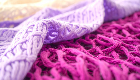A detailed macro shot showcasing the intricate weave and soft texture of a knitted textile, featuring a gradient of purple hues.の素材