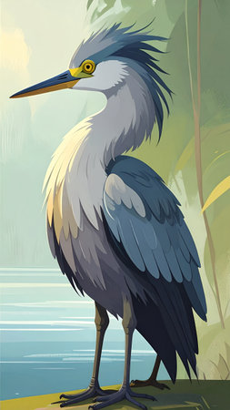 An artistic digital illustration of a majestic heron in its natural wetland habitat. The artwork features soft lighting and a painterly style, capturing the serene beauty of the wild bird.の素材