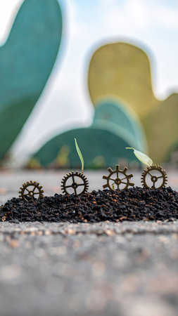 Close-up shot of gears with plants growing out of them, symbolizing growth, progress, and the intersection of nature and technology.の素材