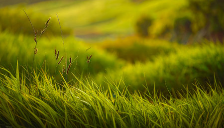 A vibrant green meadow with tall grass in the foreground, leading to a blurred background of rolling hills and trees, creating a peaceful natural scene.の素材