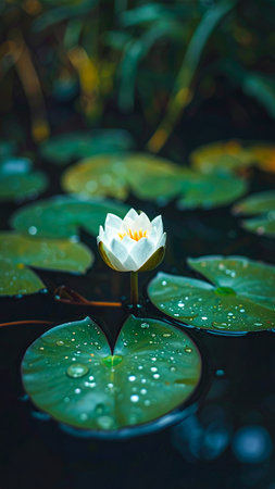 A captivating close-up of a white water lily in full bloom, surrounded by vibrant green lily pads speckled with water droplets, creating a tranquil scene.の素材