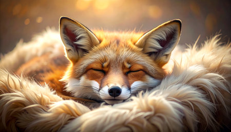 A captivating portrait of a fox, eyes closed in peaceful slumber, nestled in soft fur, bathed in gentle light, evoking tranquility and the beauty of wildlife.の素材