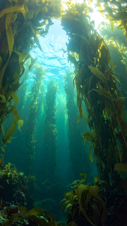 An awe inspiring underwater perspective from within a dense kelp forest as beautiful sunbeams pierce the deep blue water from the surface above creating a magical scene.の素材