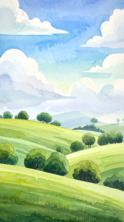 A serene watercolor painting depicting rolling green hills dotted with trees under a bright blue sky with fluffy white clouds, creating a peaceful and idyllic scene.の素材