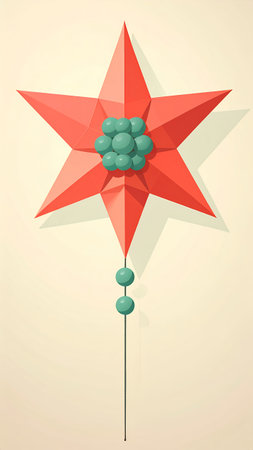 A retro style illustration of a five pointed red paper star decoration with a teal beaded center and hanging ornament, isolated on a cream colored background.の素材