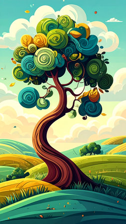 A vibrant illustration of a whimsical tree with swirling leaves, set against a backdrop of rolling hills and a bright, cloudy sky. A playful and imaginative scene.の素材