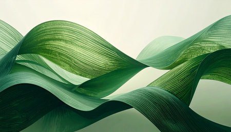A serene and elegant abstract background featuring flowing, wavy ribbons in various shades of green. The organic shapes create a sense of calm and gentle movement.の素材