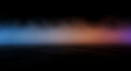 A dark, atmospheric background featuring a soft, out of focus horizontal band of light. The colors smoothly transition from blue to orange and purple, creating a moody effect.の素材