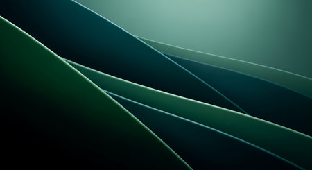 A dark abstract background featuring overlapping geometric shapes in shades of green with subtle highlights.の素材
