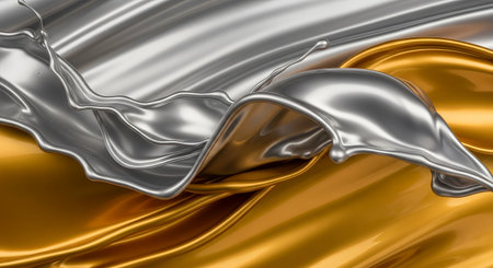 An abstract rendering of gold and silver metallic waves flowing together, creating a luxurious and dynamic visual texture.の素材