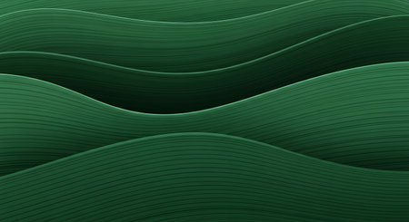 A modern abstract background featuring flowing dark green waves. The layered design creates a sense of depth and movement, with a subtle horizontal texture on the surfaces.の素材
