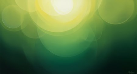 A vibrant green abstract background featuring a bright lens flare and soft bokeh circles, creating a dreamy and ethereal atmosphere.の素材