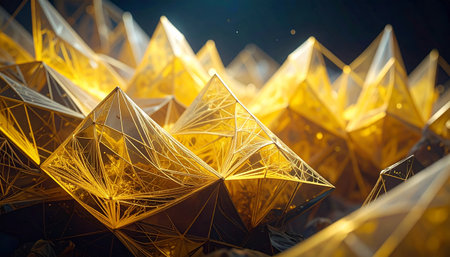 A captivating abstract image featuring an array of golden, translucent geometric pyramids, each emitting a soft, warm glow. Intricate, glowing lines connect the vertices, creating a complex and futuristic network. The background is dark, enhancing the luminous effect of the structures.の素材
