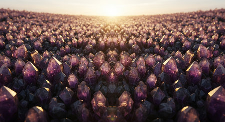 A vast field of purple crystals, bathed in the warm glow of the setting sun, creating a mesmerizing and otherworldly landscape.の素材