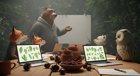 A group of animated animals are gathered around a table, looking at laptops with a forest background.の素材