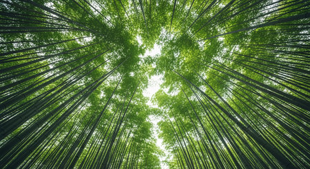 A low angle perspective looking up at the sky through a dense canopy of tall green bamboo stalks. Sunlight filters through the leaves creating a bright peaceful scene.の素材