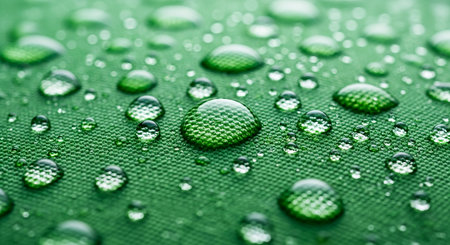 Macro shot of clear water droplets on a green fabric with a visible texture.の素材