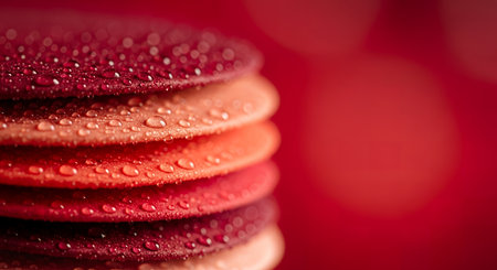Close-up of a stack of macarons in various shades of red and orange, with water droplets on the surface, against a blurred red background.の素材