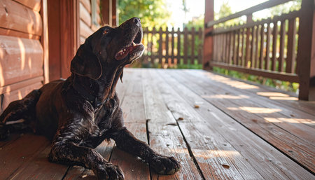 A black dog rests on a weathered wooden porch, bathed in warm sunlight, with a wooden fence in the background.の素材