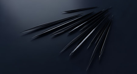 A minimalist composition featuring several dark, slender feathers fanned out on a deep black surface, illuminated by soft, directional light creating subtle highlights and shadows.の素材