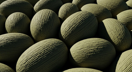 A macro shot of numerous large, round, and grooved objects with a fibrous texture. The muted green orbs are piled together creating a pattern of light and shadow.の素材