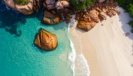 An aerial perspective captures the stunning beauty of a secluded tropical beach, featuring crystal-clear turquoise waters, white sandy shores, and distinctive orange-hued granite boulders scattered along the coastline and in the shallow sea.の素材