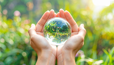 A close-up shot of hands cradling a clear crystal ball, with a vibrant reflection of lush greenery and sunlight, symbolizing vision and nature.の素材