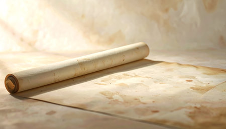 An old, rolled scroll rests on aged parchment paper, evoking a sense of history and mystery. Ideal for themes of ancient knowledge and discovery.の素材