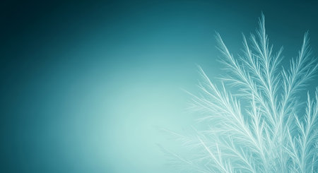 A close-up view of delicate, frosty plant branches against a soft teal gradient, creating a serene and ethereal atmosphere.の素材