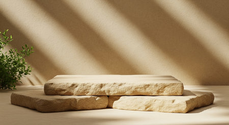 A minimalist display featuring stacked natural stone slabs, casting soft diagonal shadows on a neutral background. A hint of green foliage adds a natural touch.の素材