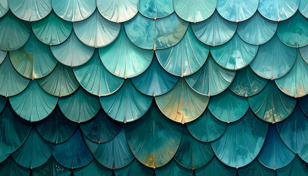 Close-up of a teal scale pattern, likely architectural, showcasing texture and design. The image highlights the interplay of light and shadow.の素材