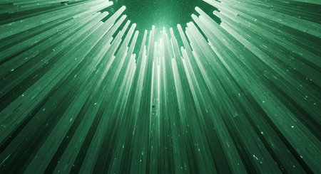 An artistic image of green light beams emanating from a central point, creating a visually striking and abstract composition in a dark environment.の素材