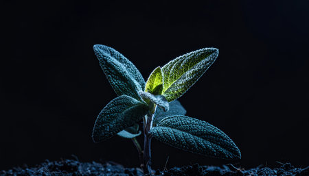 A close-up shot of a small plant with bright green leaves, some of which appear to glow, set against a deep, dark, and mysterious background, highlighting its natural beauty.の素材