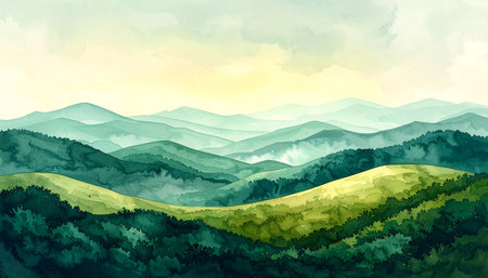 A beautiful watercolor landscape painting depicting layers of green hills and mountains, with a soft, cloudy sky in the background. The artwork evokes a sense of peace and tranquility.の素材