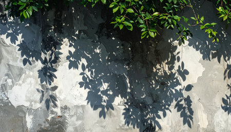 An abstract background of green foliage casting intricate shadows on a rough, sunlit concrete surface, creating a peaceful and natural pattern.の素材