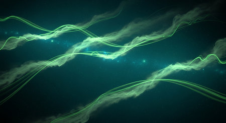A dynamic abstract background featuring flowing, wavy lines of green light and smoke against a dark teal backdrop with subtle sparkling particles. A concept of energy or magic.の素材