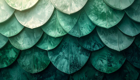 A captivating abstract background featuring a pattern of overlapping green and white scales, creating a visually appealing texture.の素材