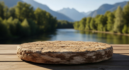 A rustic wooden slice serves as a podium on a wooden deck, set against a serene backdrop of a river flowing through a lush forest and distant mountains.の素材