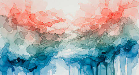 A vibrant abstract watercolor painting featuring a blend of red, blue, and green hues, creating a fluid and dynamic composition with dripping effects.の素材