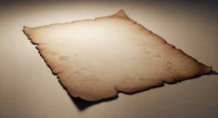 Close-up of an antique, blank parchment paper with rough, burnt edges, subtly lit from above, casting gentle shadows and highlighting its aged texture, perfect for historical or mystical themes.の素材