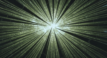 A dynamic abstract image featuring bright light rays radiating outwards from a central glowing point against a dark background.の素材
