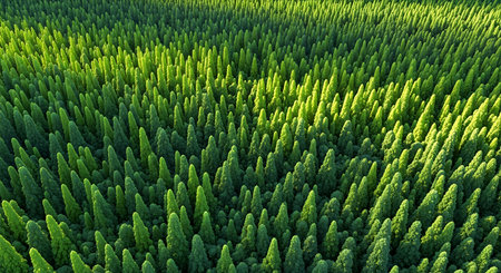 A vibrant, high-angle view of a dense field of young, green plants, possibly crops or seedlings, uniformly growing upwards. The sunlight casts subtle shadows, highlighting the texture and depth of the foliage.の素材