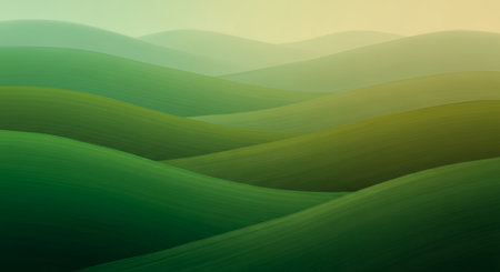 An abstract landscape of rolling green hills with a gradient of light and shadow, creating a sense of depth and tranquility.の素材