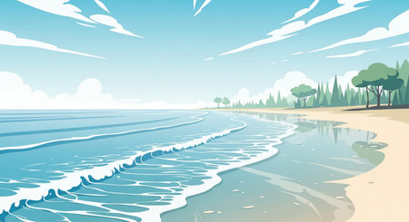 A tranquil cartoon-style illustration of a sunny beach with calm blue ocean waves gently lapping the shore, extending towards a distant line of green trees under a bright sky with soft clouds.の素材