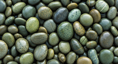 A close-up view of a collection of smooth, rounded river stones in various shades of green and gray. The stones are tightly packed together, creating a textured and visually appealing surface.の素材