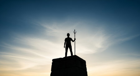 A silhouetted figure stands atop a rock, holding a trident, set against a backdrop of a vibrant sunset and cloudy sky, creating a powerful and symbolic image.の素材