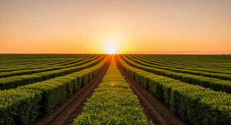 A beautiful sunset illuminates a field of crops, creating a stunning agricultural landscape with rows of plants.の素材